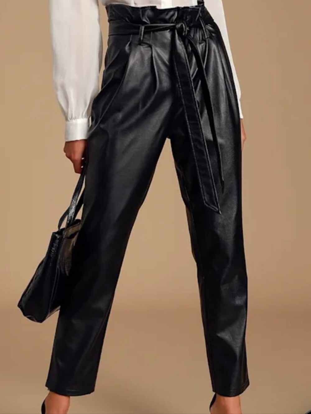 Almost Famous Black Faux Leather High-Waist Paperbag Trousers with Tie
